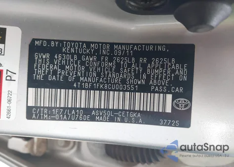 2012 Toyota Camry Xle from USA, damaged, VIN 4T1BF1FK8CU003551